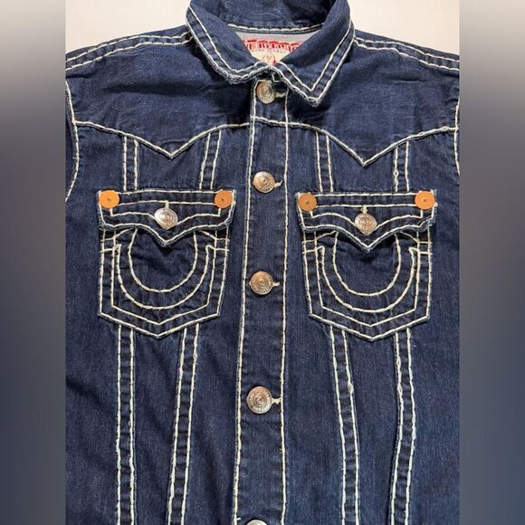 Y2K True Religion Thick Stitch Blue Denim Jacket 🧥Sz XXL - Picture 5 of 9